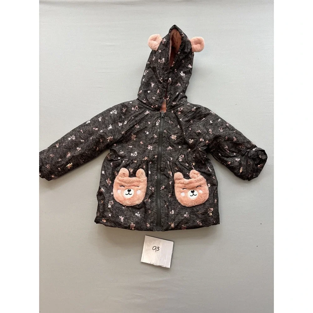 Penelope Mack Girls Bear Hooded Jacket Gray Pink Floral Fleece Lined 4T